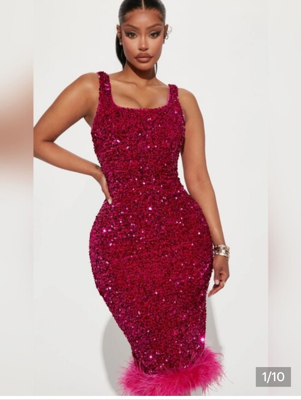 Fashion Nova Hot Pink Sequin Midi Dress with Feather Hem